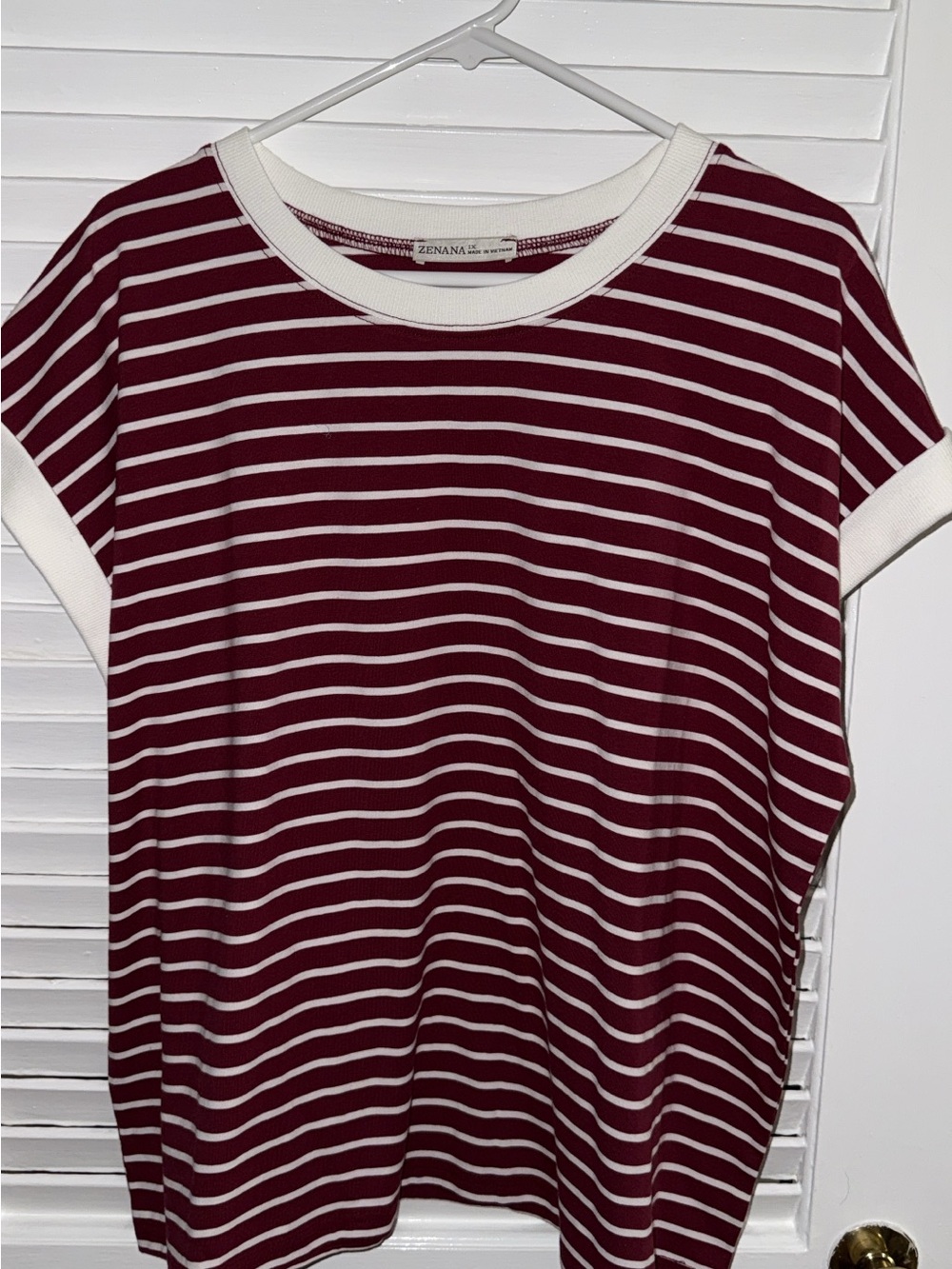 Zenana Outfitters Burgundy and White Striped Short Sleeve Tee with Contrast Trim